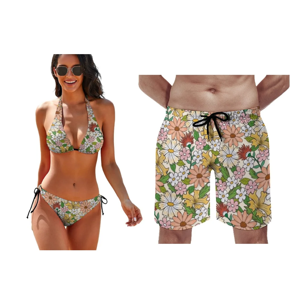 

Совершенно новые пляжные купальники с тропическим цветочным узором, женские бикини, мужские пляжные брюки, красивые пляжные купальники на заказ