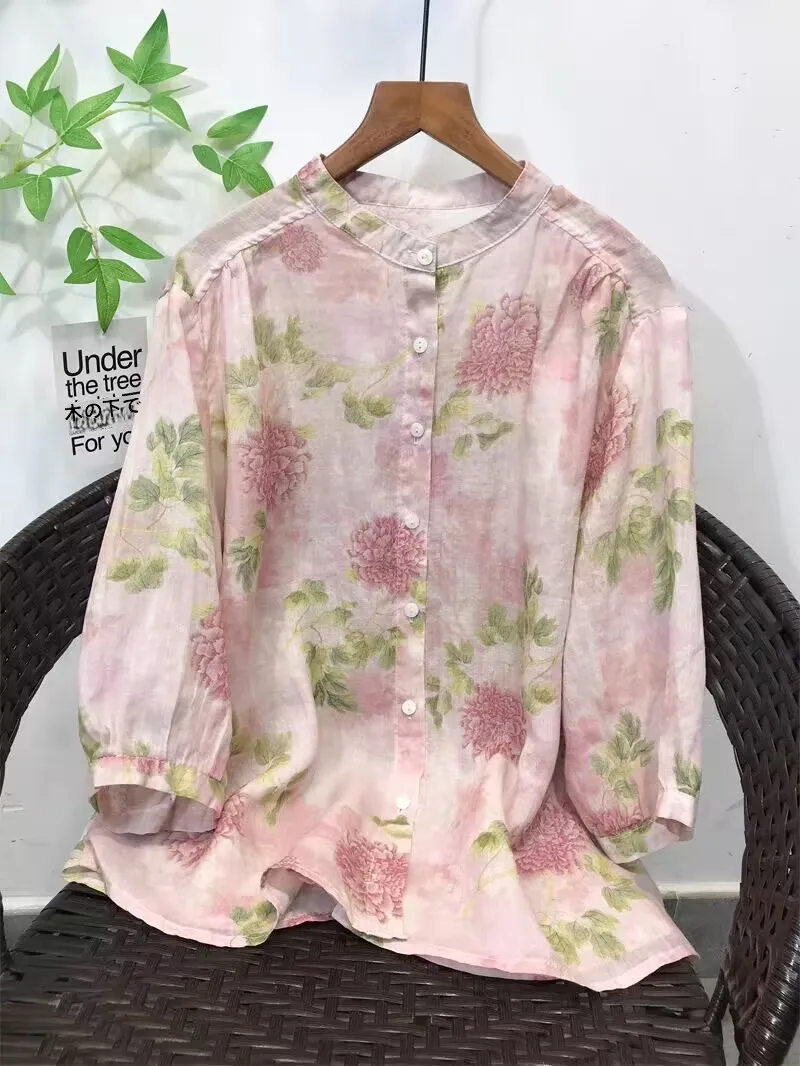 Digital Unique Cotton Linen Shirt Women's Spring Summer Breathable Comfortable Peony Floral Print Stand Collar Thin Outerwear