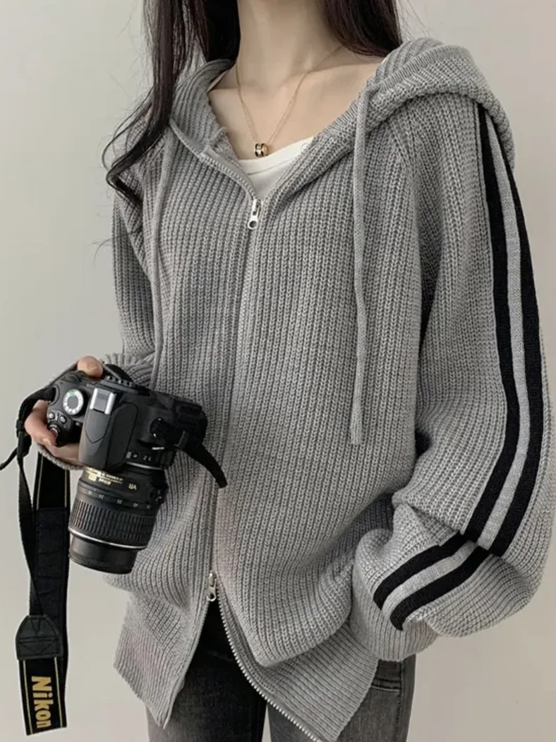 

Шикарный вязаный открытый кардиган с капюшоном, женский дизайн, уникальный свободный длинный свитер Све, куртка с завязками для миниатюрных дам