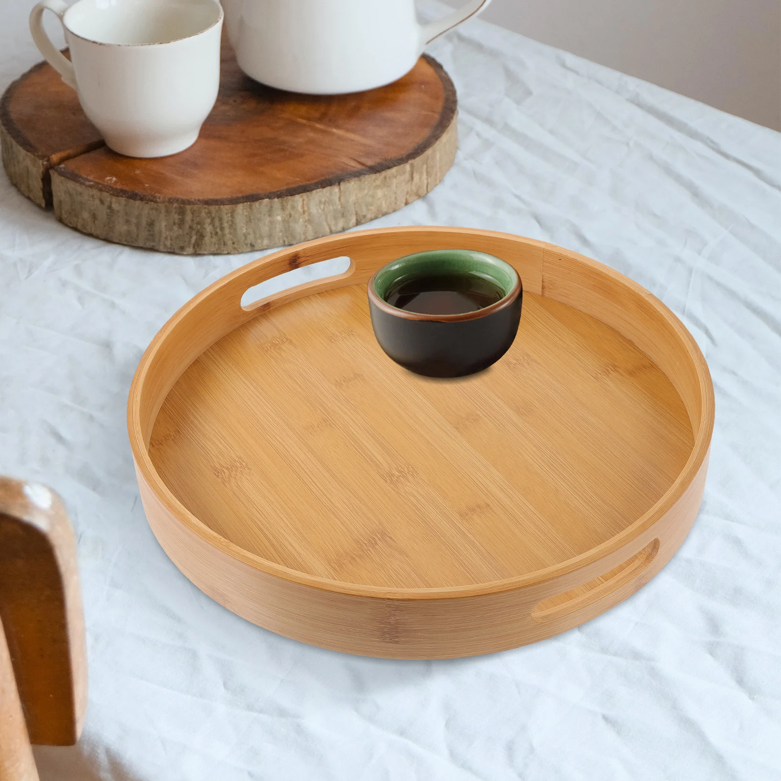 Bamboo Serving Tray Round Breakfast Dinner Plate With H 25x25x4cm Multi Functional Storage Decorative Fruit Snack