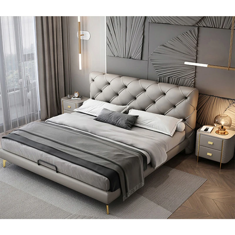 About Modern Button Tufted Headboard Leather Double Bed Bedroom Sets Furniture Master Room Luxury Upholstered king Size Bed*