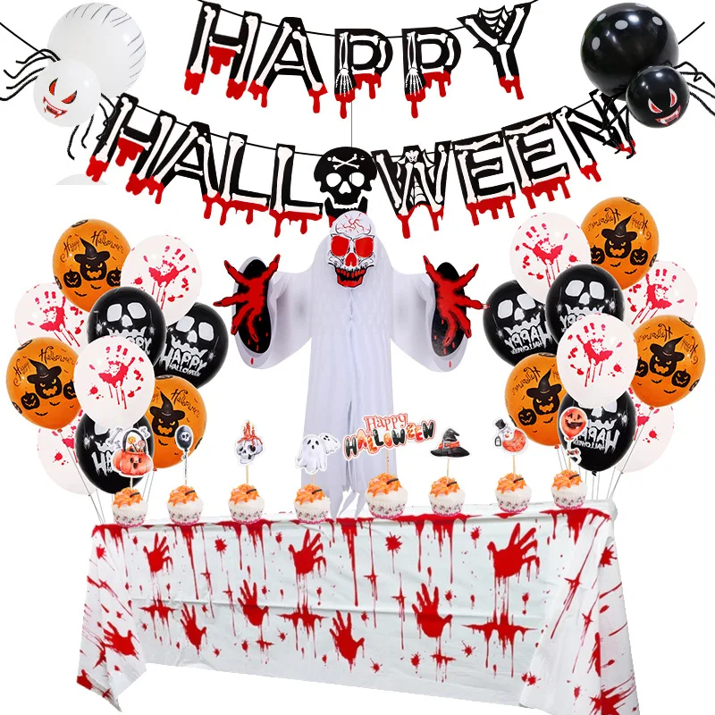 

Halloween Decorations Set Including Happy Halloween Banner Balloons Flags Tablecloths Ghost Flags Theme Party Decorations 2022