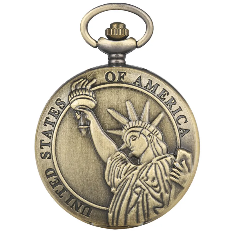 Bronze United States of America Statue of Liberty Retro Quartz Pocket Watch for Men Women Pendant Chain Clock Souvenir