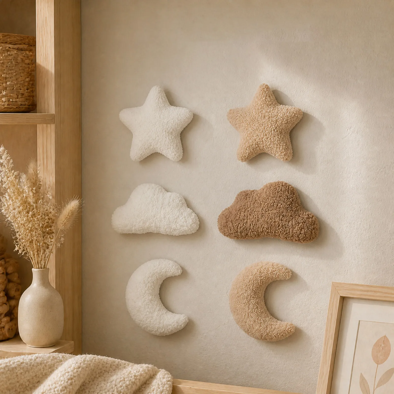 3D Plush Nursery Wall Decor Set Clouds Stars Moons Soft Wall Accents for Baby Room Reading Corner Living Space Birthday Decor
