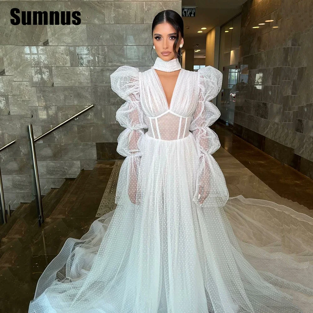 

Sumnus Boho Tulle Wedding Dresses Puff Sleeves Long A Line Illusion Bridal Gowns V Neck Corset Back Robes De Mariage 2025 élégan