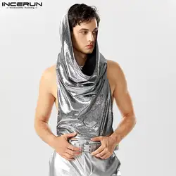 2023 Men Tank Tops Sparkling Hooded V Neck Sleeveless Solid Irregular Vests Streetwear Party Fashion Men Crop Tops S-5XL INCERUN