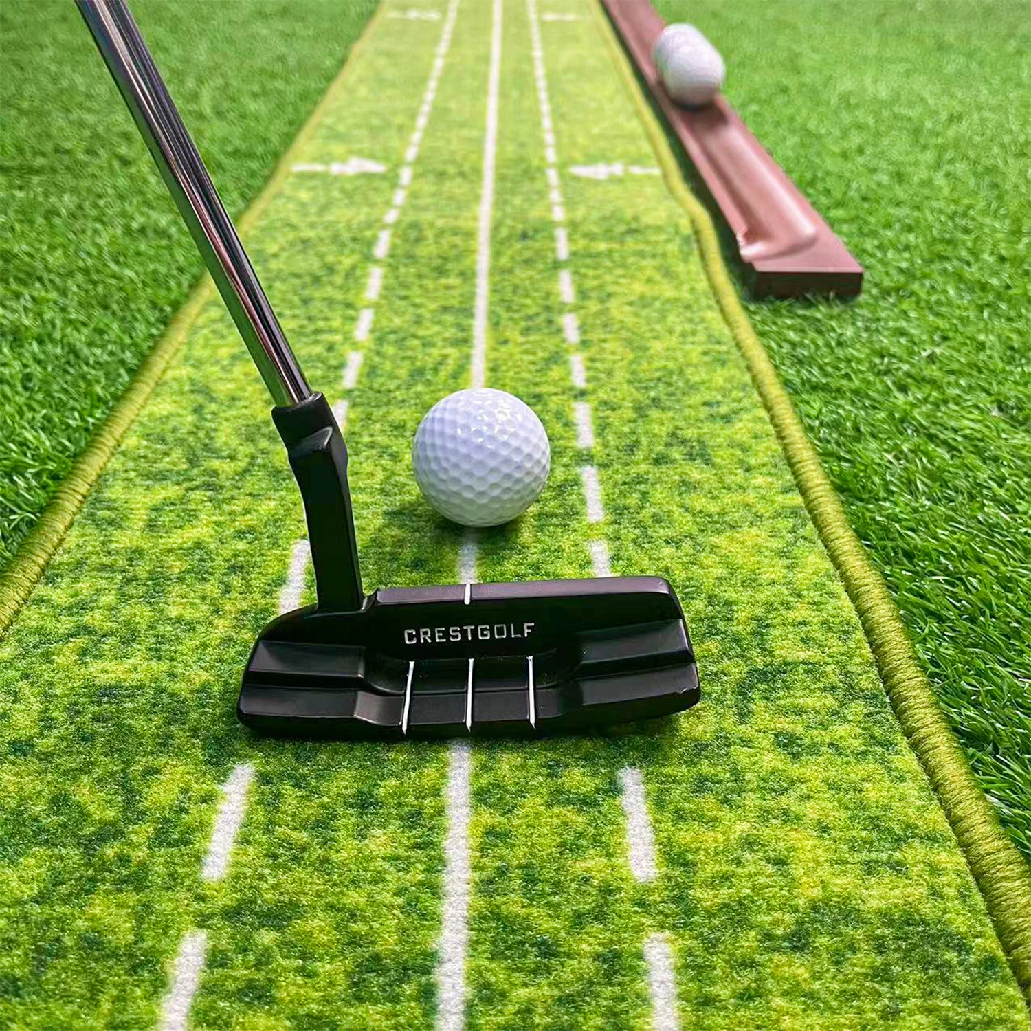 Golf-Putting-Matte für den Innen- und Außenbereich mit automatischem Ballrücklaufsystem aus Holz und 2 Löchern, grünes Zubehör