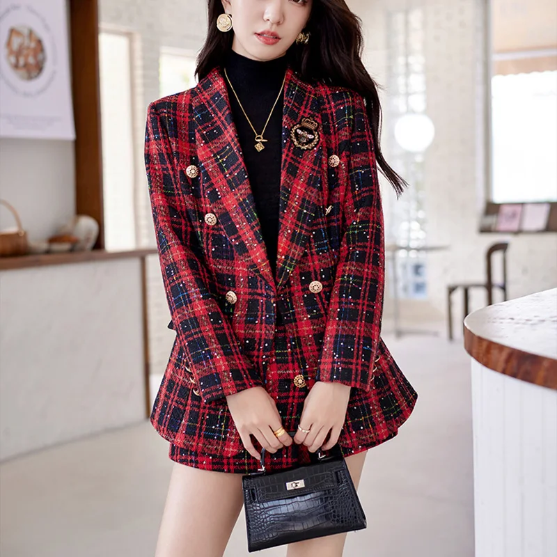 ZJYT Elegant Plaid Tweed Blazer Shorts Suits Autumn Winter Outfits for Women 2 Piece Business Chic Office Matching Set Plus Size