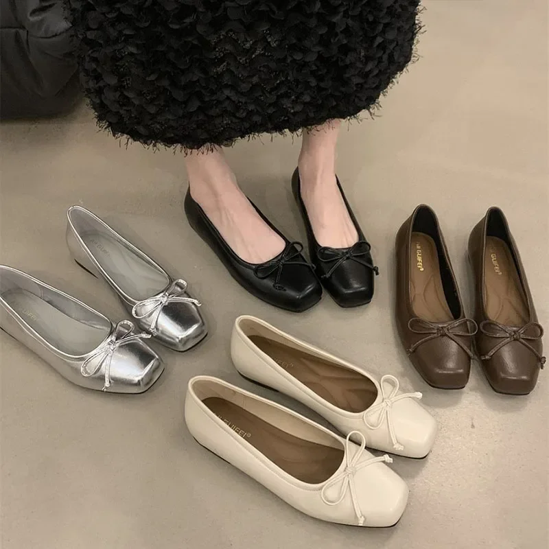 Elegant Ballet Flats Women's Bowknot Square Toe Pumps Lady Comfortable Leather Work Shoes Soft Sole Casual Slip-on Scoop Shoes