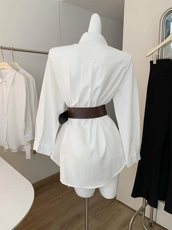 

Chic Loose Fit White irt Women's Casual Sle Belted Waist Tie Knot Autumn Trendy Top Polyester Fiber Long Sve Crew Ne
