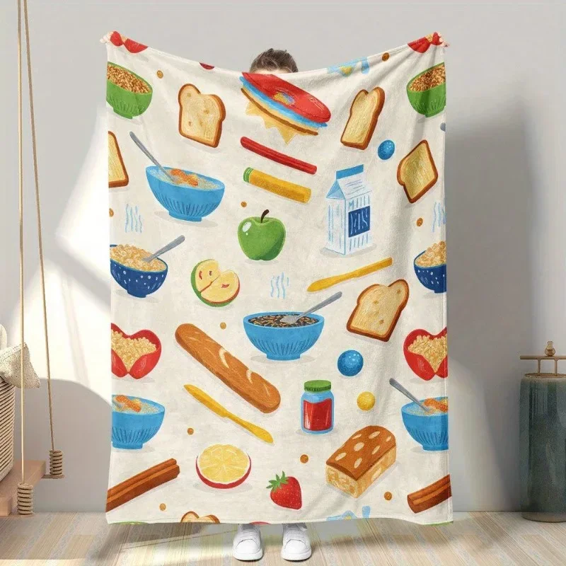 1 thick soft flannel plush blanket - light colored breakfast cereal toast fruit bread and milk design