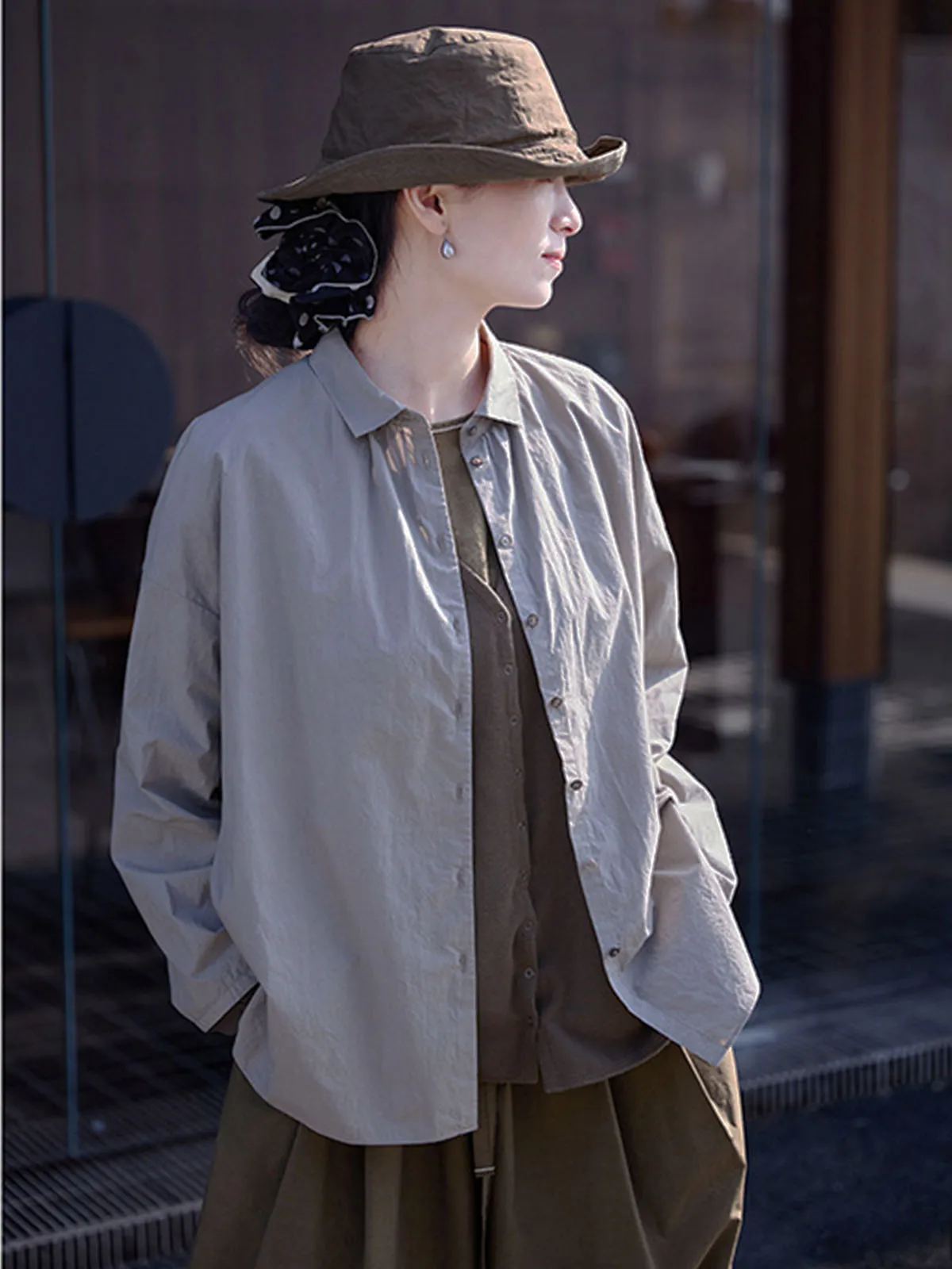 Retro Artistiek Katoen Single-Breasted Shirt Lange Mouwen Dames Lente Zomer Getextureerde Kleine Revers Casual Losse Tuniek Tops Jas