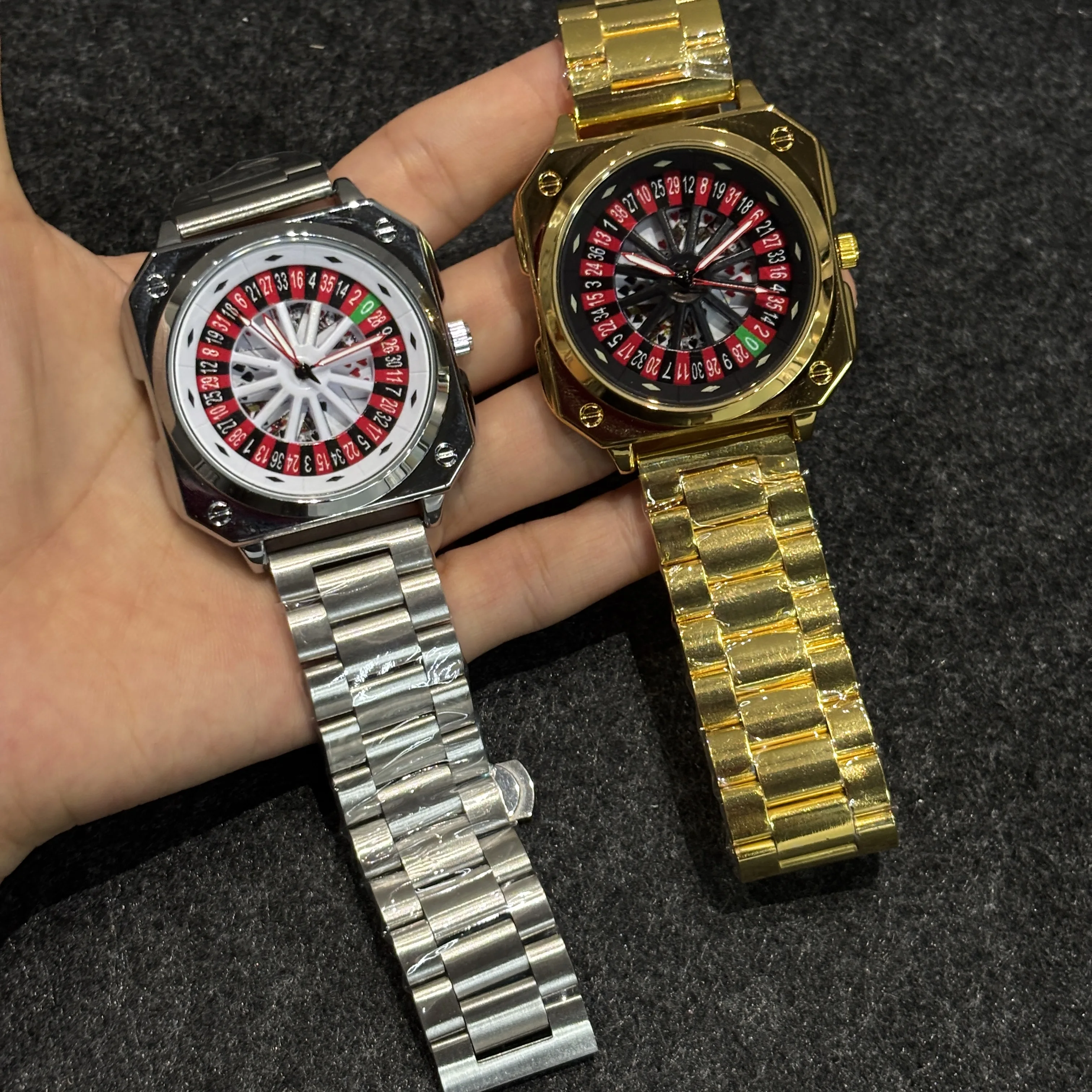 أعلى الفاخرة الرجال سبيكة ووتش الأزياء الإبداعية عجلة ووتش حركة الكوارتز الأحمر والأسود بوكر الرياضة ساحة الدورية ساعة رجالي #3