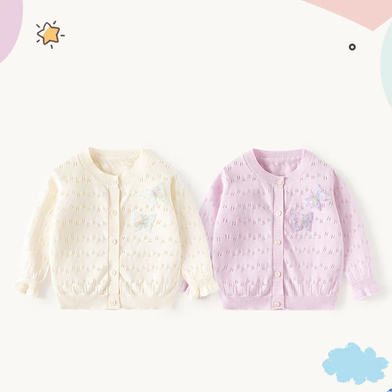 Autumn Baby Girl Air-conditioned Shirt Butterfly Hollow Little Girls Cardigan Solid Color Elastic Hem Toddler Girl Knitwear