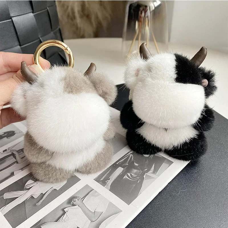 Cute Cow Real Mink Fur Keychain Bag Charm Pendant Kids Plush Toy Ornament Car Keyring Trinkets Jewelry High End Birthday Gifts