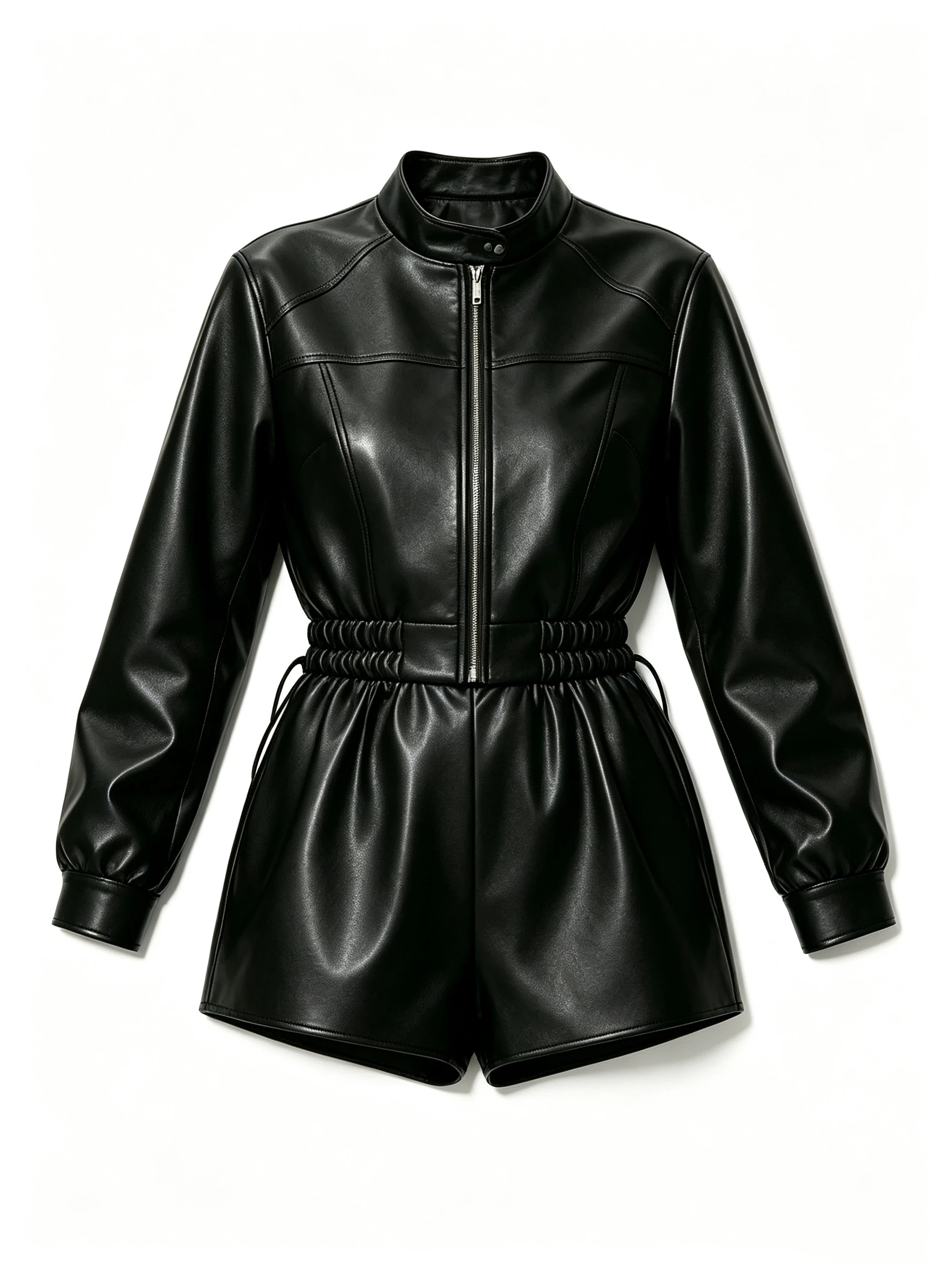 Women's Faux Leather Romper with Stand Collar and Zip Front