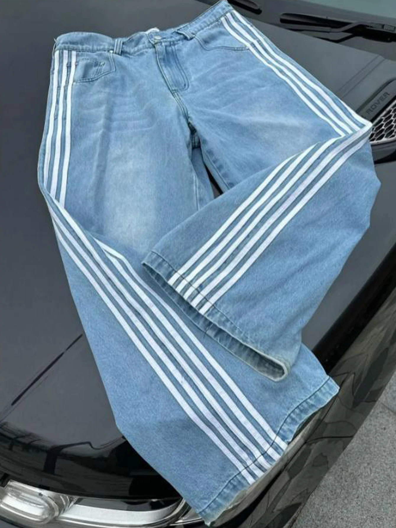 Sommer Herren Jeanshose mit weitem Bein, lässig, Streifendruck, lockere Jeanshose für Streetwear, lässig, bequem