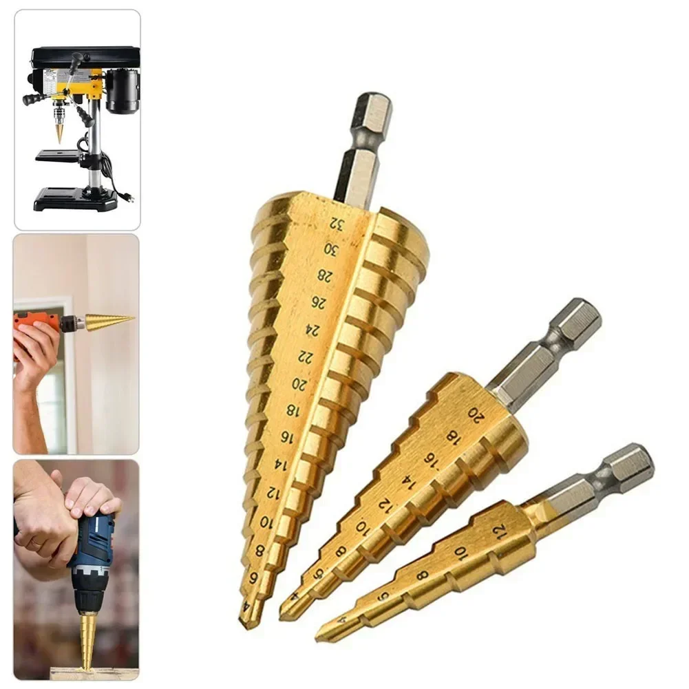 

4-32 4-42 4-12mm HSS Titanium Coated Metal Drill Bits High Speed Steel Step Drill Bit Set Cone Hole Wood Cutter Taper Metric