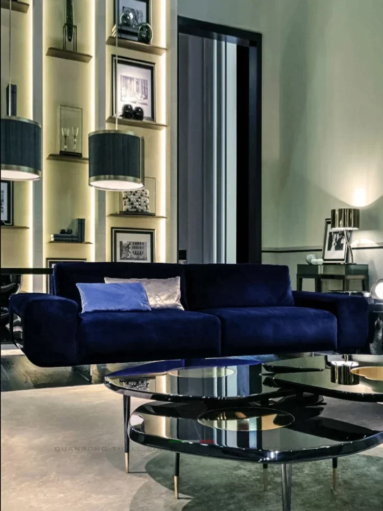 Light Luxury Blue Sofa Italian Velvet Three-Seat Sofa One-Line Modern Simple Sofa for Multi-User Fashion Customization