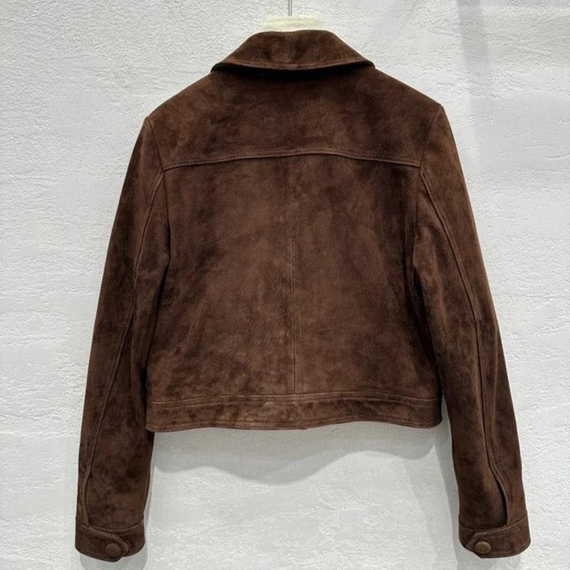 Autumn Outerwear Women’s Kid Suede Leather Jacket Lapel Tooling Wind Single Breasted Casual Long Sleeve Short Silm Leather Coat