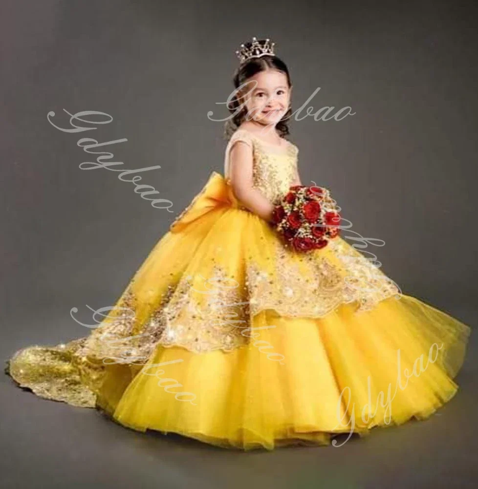 

Платье на день рождения для девочек по индивидуальному заказу, аппликация из бисера, платье принцессы с цветочным узором для девочек со шлейфом/бабочкой, многоуровневое тюлевое праздничное бальное платье