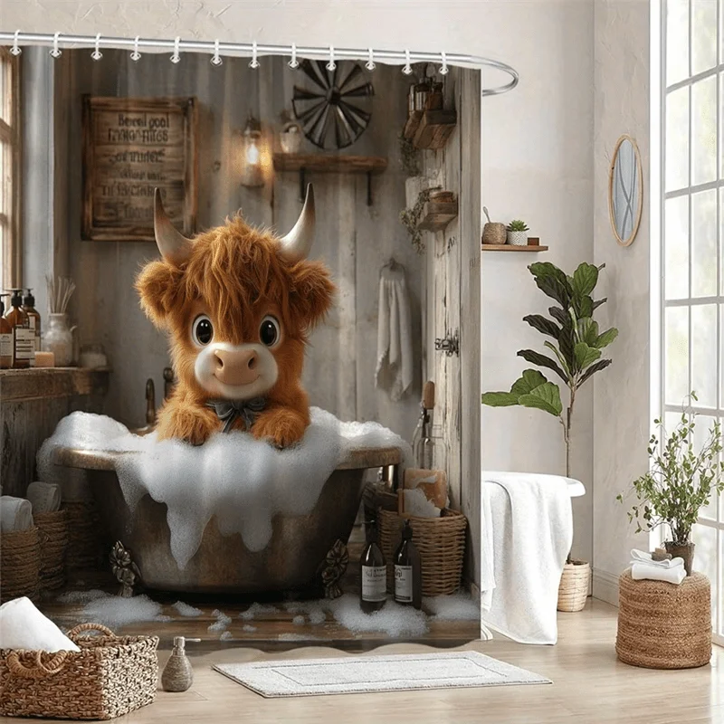 A Plush Highland Cow Shower Curtain for Claw Foot Tubs, Washable and Durable, Hook Style, Bubble and Cozy Rustic Bathroom Decor,