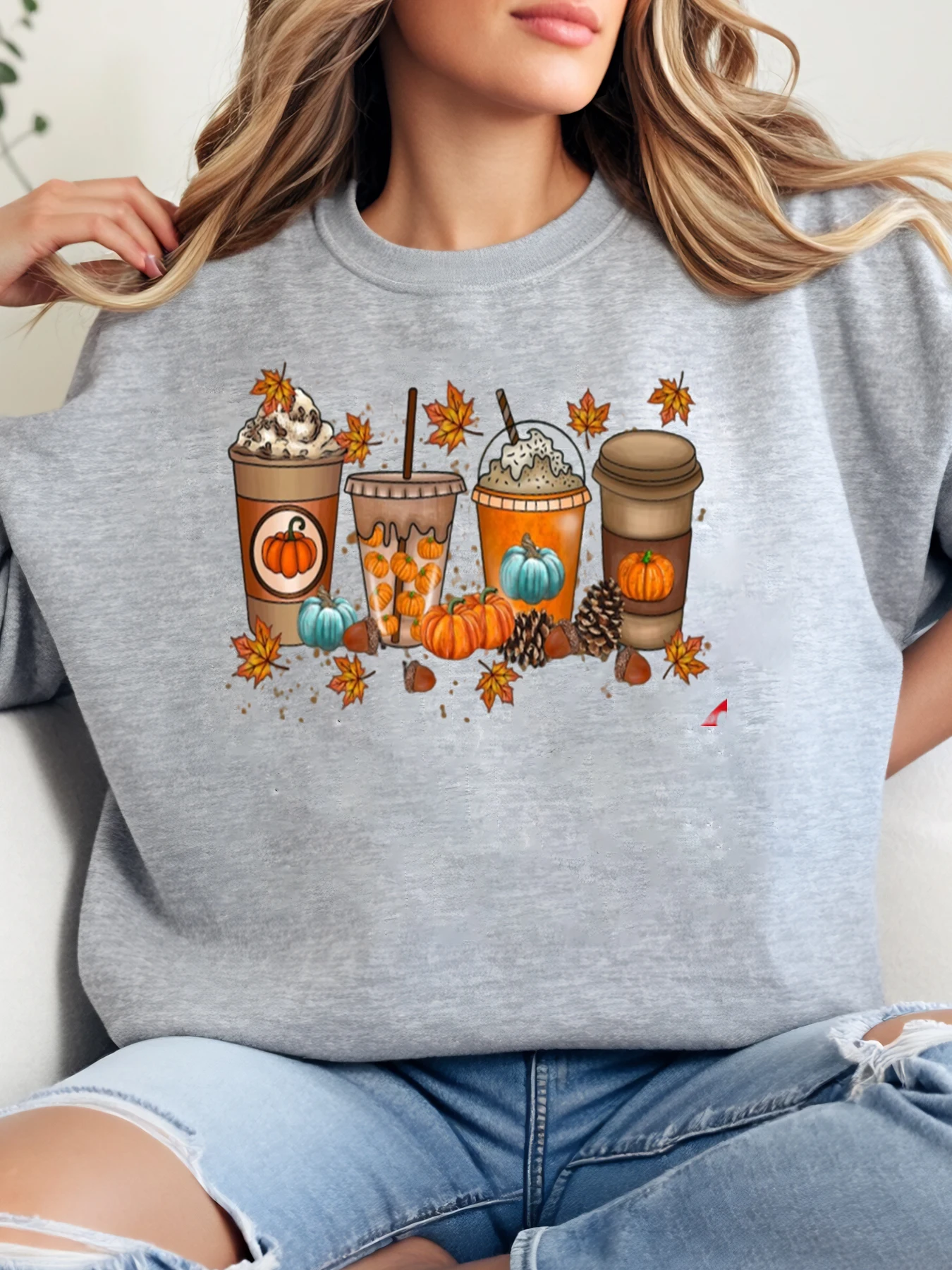 

Толстовка с круглым вырезом и принтом тыквы, латте, осенний сезон, женская повседневная одежда, серый, большие размеры