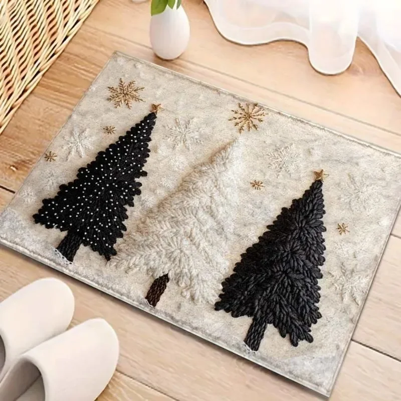 VIKAMA Christmas Tree Door Mat Embossed Xmas Tree Snowflake Print Soft Non Slip Washable Doormat for Entrance Holiday Decor