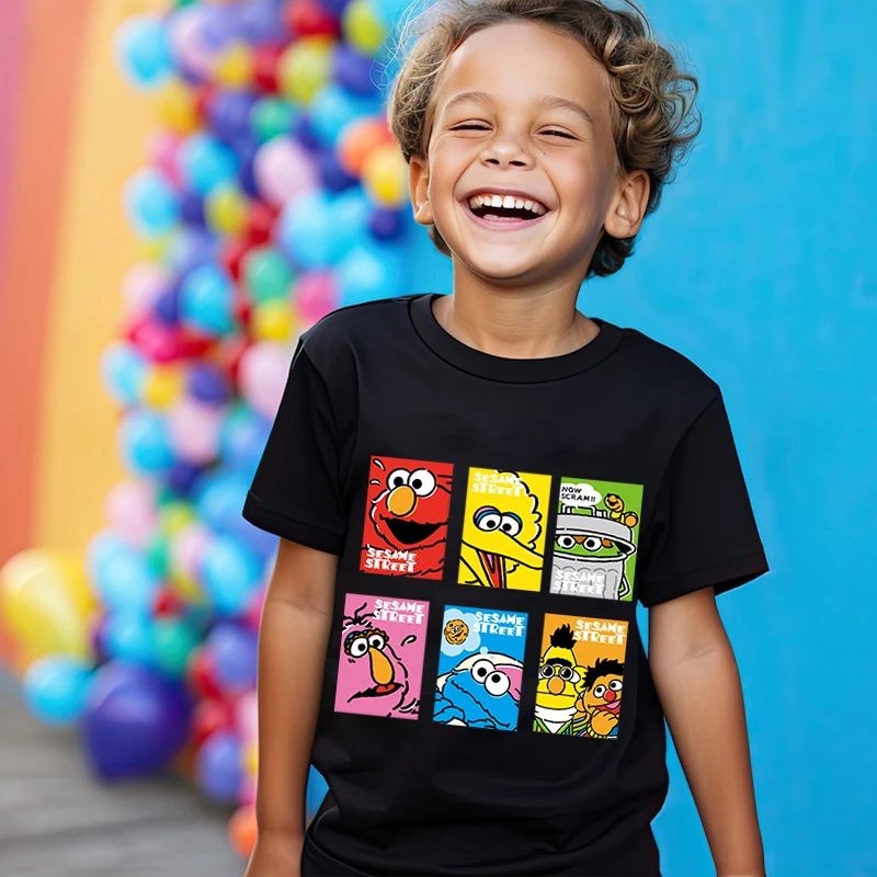 Sesame Street Printed Kids T-shirt Pure Cotton Short Sleeve Black Top Cartoon Clothing for Boys and Girls