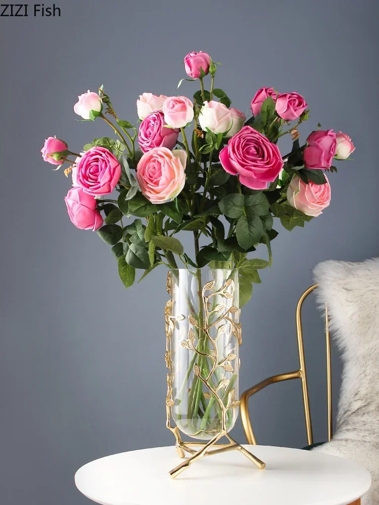 Glass Metal Vase Golden Hollow Out Leaves Branch Handmade Transparent Flower Arrangement Modern Home Decoration Flower Vase