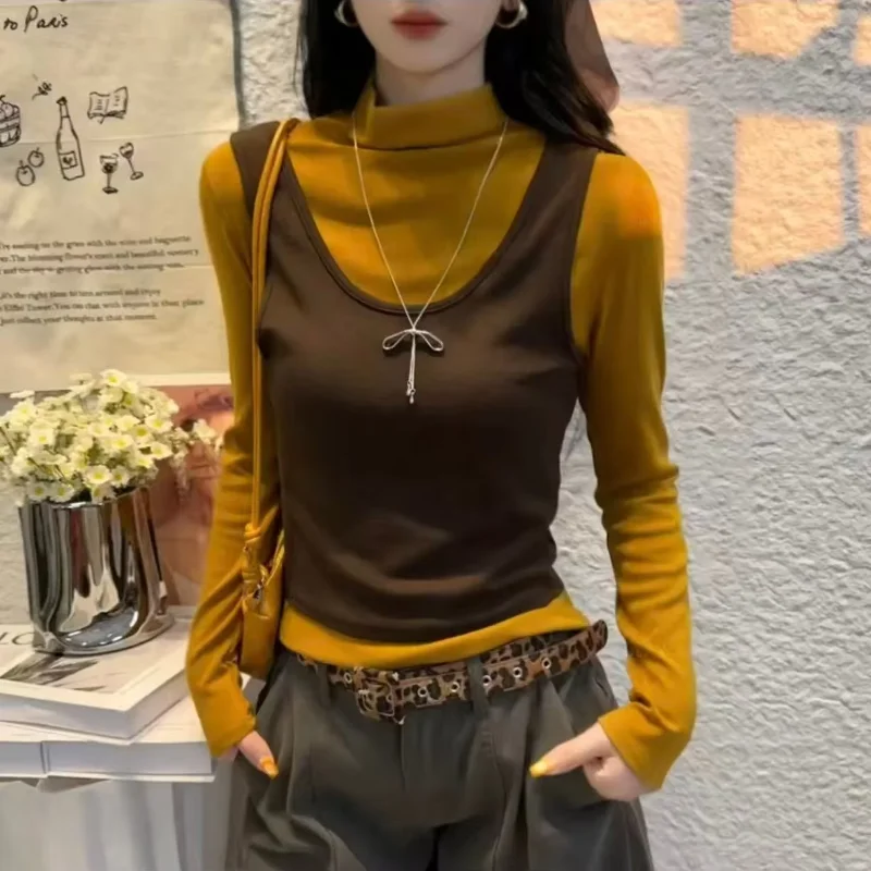 New Half-high Collar Long Sleeve Two Pieces All-match Moda Trendy Hot Sell Tops Panelled Slim Minority Women Clothing