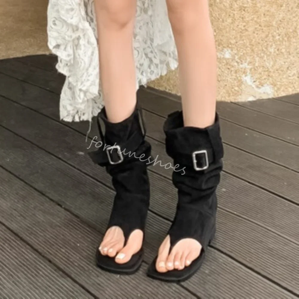 

Sexy Suede Pleated Flip Flops Boots Women Khaki Square Toe Tum Over Slip On Western Cowboy Knee High Boots New Modern Sandals