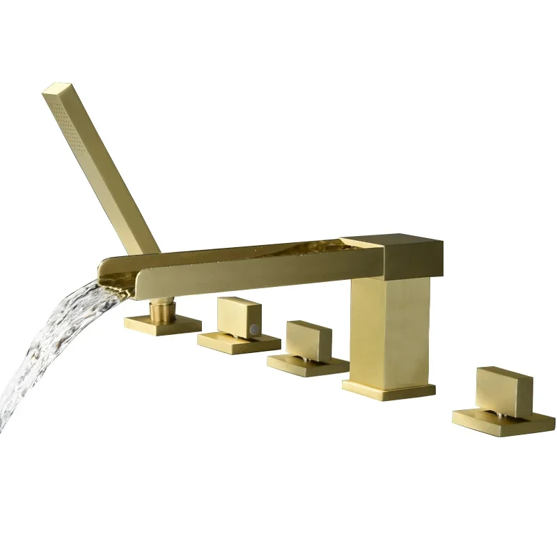 

Full copper bathroom bathtub waterfall faucet cylinder edge split gold four-piece set black hot and cold water shower set
