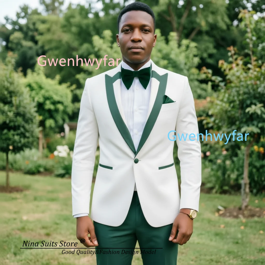 G&N 2026 Autumn New Men 2-piece Suits Elegant Off White Jacket with Dark Green Pants Popular Wedding Groomsmen Best Man Suits