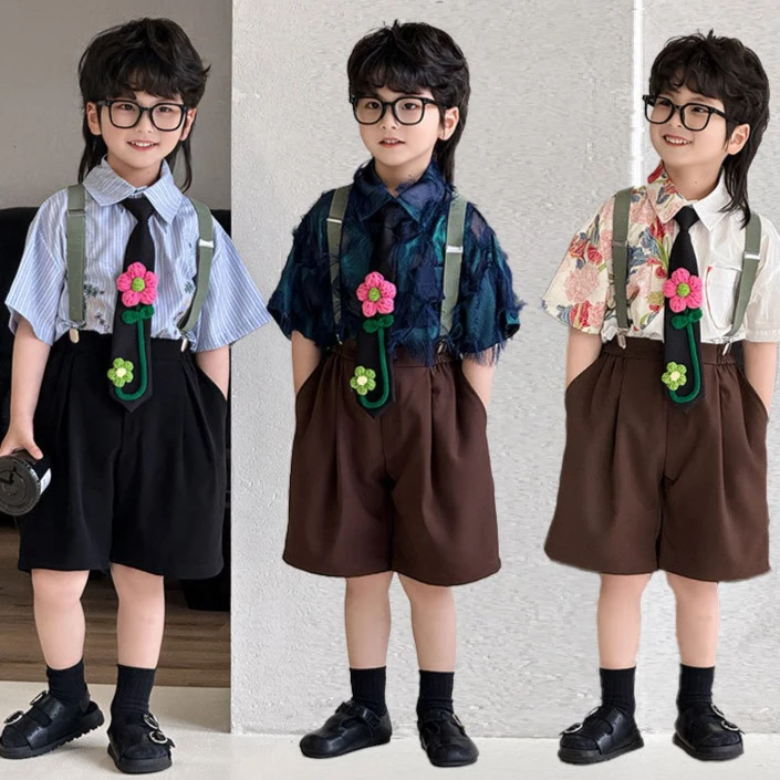 

Комплект для мальчиков 2026: Новая детская одежда весна-лето, праздничный стиль, рубашка с цветочным принтом, шорты на бретелях, комплект из четырех предметов