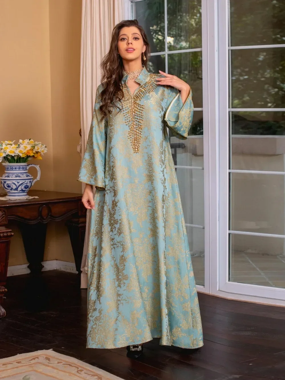 Vestido musulmán Eid para mujer, Abaya con cuentas, cuello levantado, Jalabiya, Marruecos, Abayas, Kaftan, Abaya, túnica larga árabe