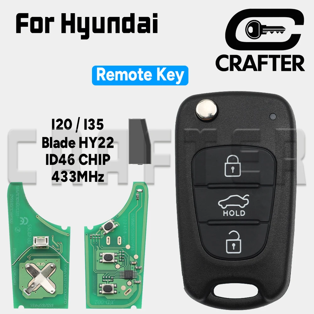 

Key Crafters I20 / I35 ID 46 CHIP 433MHz Flip Remote Car Key For Hyundai i20 i35 Blade HY22 3 Buttons