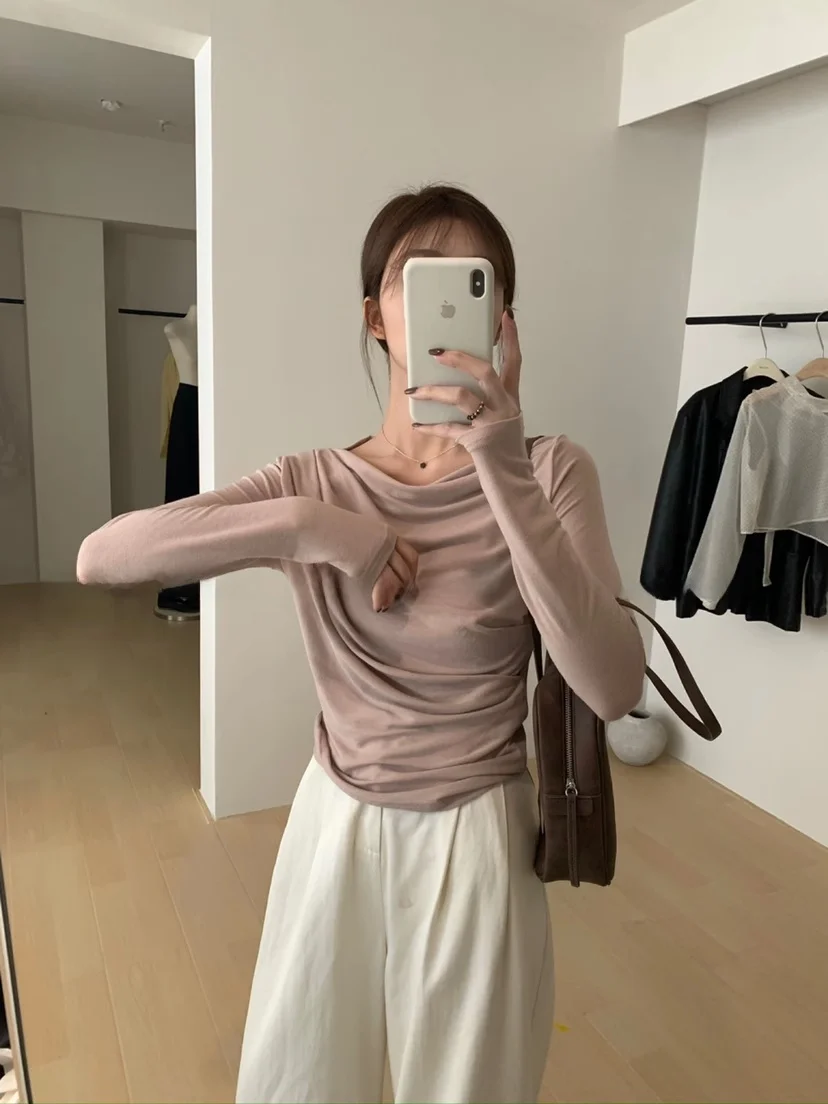 

Женский топ Ele Fold Design, приталенный, с круглым вырезом, длинный рукав, новинка ранней осени, красивая и модная внутренняя одежда