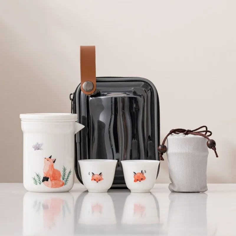 

Ручная роспись чайный сервиз Fox, фарфор, китайская чайная чашка Gongfu с крышкой, портативные дорожные принадлежности для чая Puer