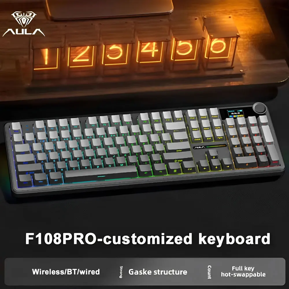 AULA F108 Pro 게이밍 기계식 키보드 트라이 모드 커스텀 멀티 노브 스크린 RGB e스포츠 무선 키보드 TFT 스마트 디스플레이 탑재 썸네일 2