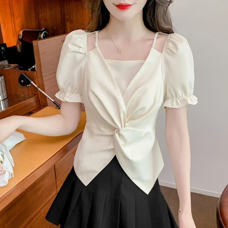 Women Summer Chiffon Blouses Casual 2024 Korean Fashion Clothes Puff Sleeve Crop Tops Sexy French Slim Elegant Ladies Shirts Y2k