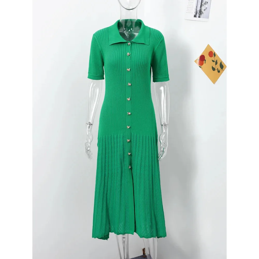 V-Neck Slimming Red Long Dress Bubble Sleeved Knitted Beach DressesHollowed Out Single Breasted Button Women Robe