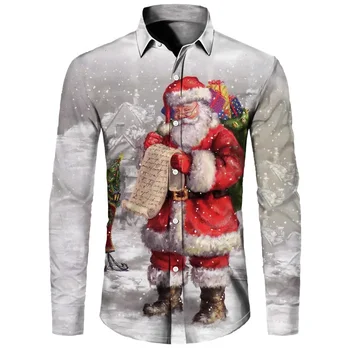 Camisa de Natal manga comprida masculina, camisa de botão, boneco de neve, estampada 3D, casual, festa, top de férias, lapela, outono, 2024