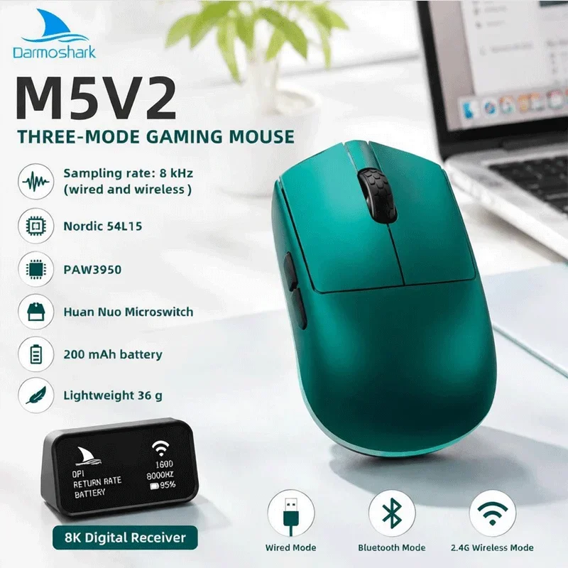 Darmoshark 8K M5V2 ワイヤレス Bluetooth ゲーミング E スポーツマウス 30KDPI 7 ボタン光学式 PAW3950 N54L15 コンピュータマウスラップトップ PC 用