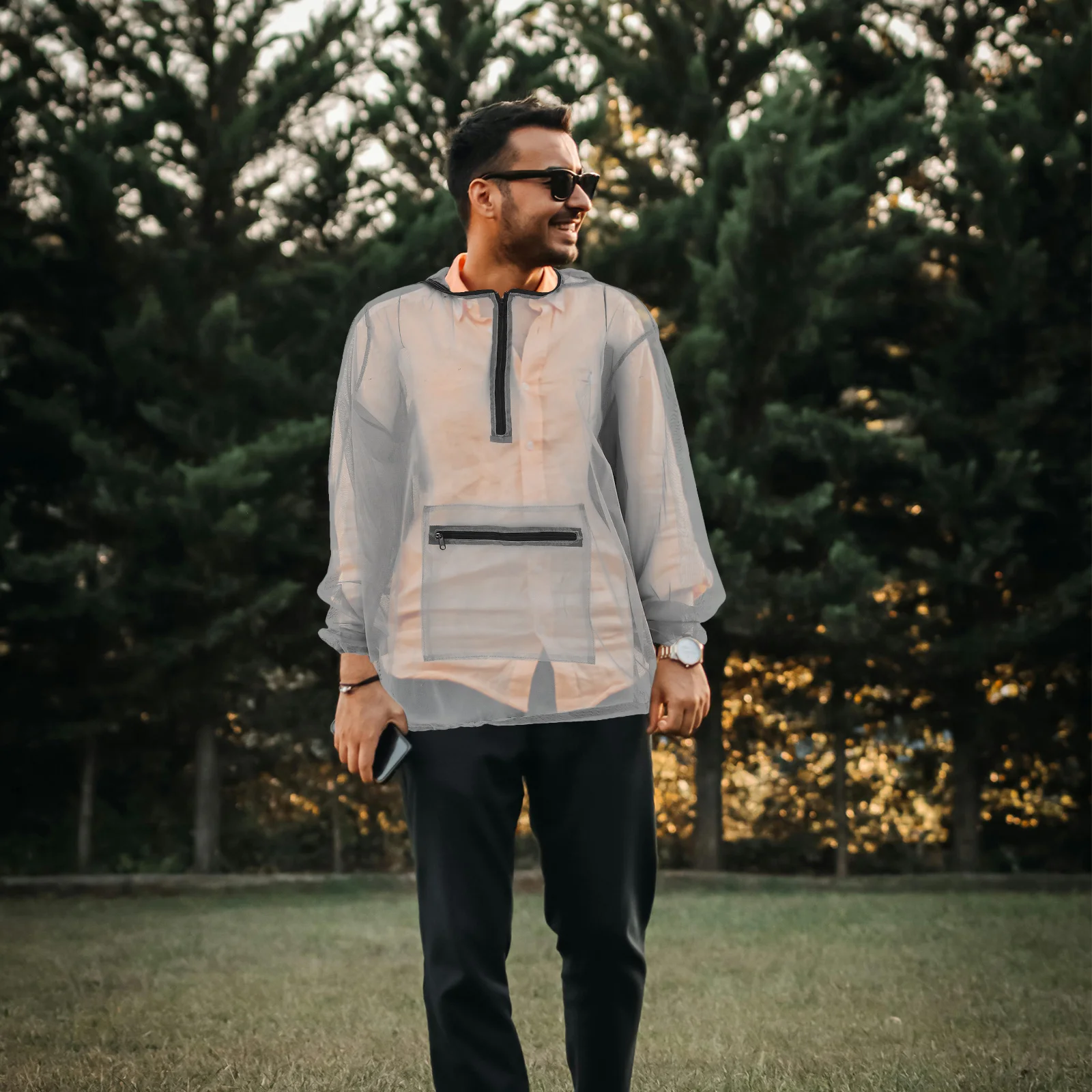 

Xxl Beekeeping Jacket Outdoor Mosquito Protection Ash Gray Mesh Bug Jacket Hood Zipper Full Body Suit for Camping Fishing Hike