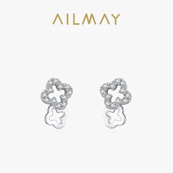 Ailmay Exquisite Lucky Clover Stud Earrings 925 Sterling Silve Clear Cz Earrings For Women Wedding Statement Fine Silver Jewelry