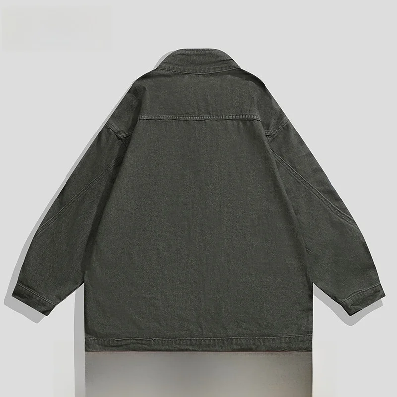 Retro Workwear Jacket Multiple Pockets Loose Fit High Street Unisex Mid-Length Denim Coat Stand Collar Trendy Casual Outerwear