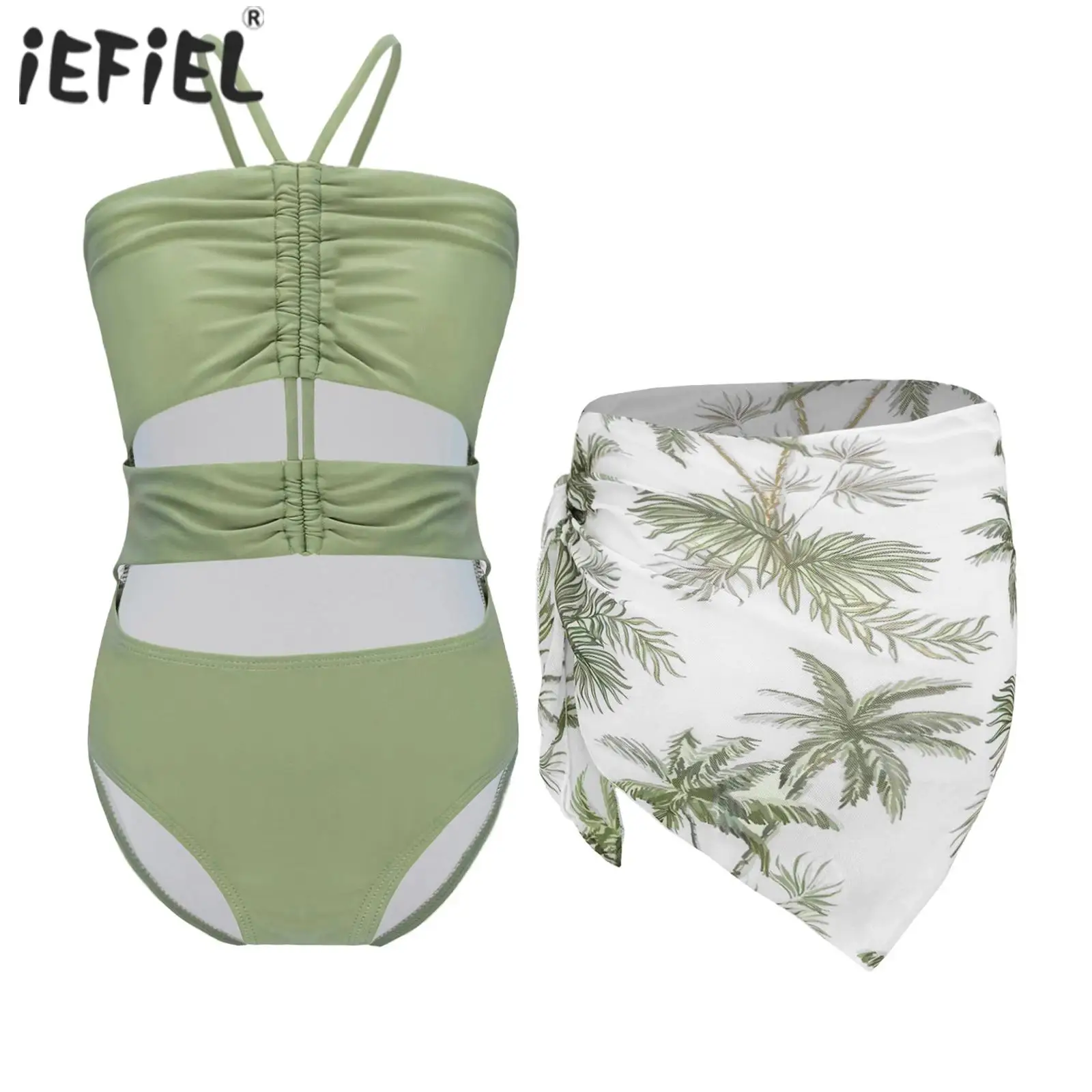 Kids Girls Swim Set Hanging Neck Sleeveless Jumpsuit with Chiffon Cover Up Skirt Set Tropical Print Summer Bathing Suit Swimwear
