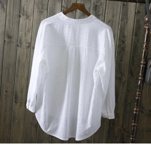 

Cotton White Shirt Women's Tops Mujer Office Long Sleeve New Korean Loose Casual Vertical V-neck Shirts Top Blusas De Mujer