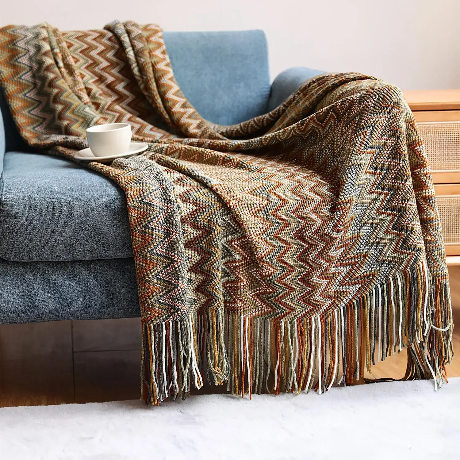 Serene Life Boho Throw Blanket Patterned Bohemian Couch Blanket, Large Knitted Tassel Throw for Bed, Chair, Sofa, Couch Cover